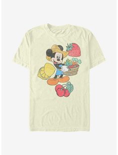 a mickey mouse t - shirt with fruit and vegetables on the front, in white