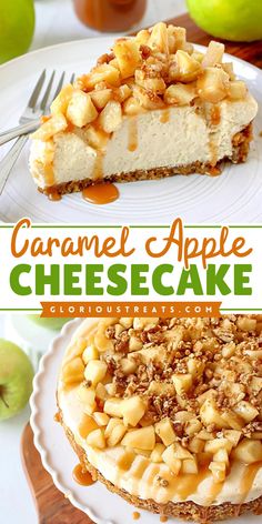 This Caramel Apple Cheesecake recipe is a showstopper! A creamy cheesecake with cinnamon and vanilla flavors, topped with apple and salted caramel sauce. The best apple recipe perfect for Thanksgiving dessert ideas! Easy Caramel Apple Cheesecake, Caramel Apple Cheesecake Recipes, Apple Cheesecake Recipes, Fall Cheesecake, Thanksgiving Cheesecake, Dessert Fall, Apple Pie Cheesecake, Cinnamon Cheesecake, Cheescake Recipe