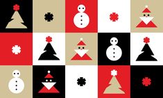 the snowman is surrounded by christmas trees and maples on black, red, beige and white squares