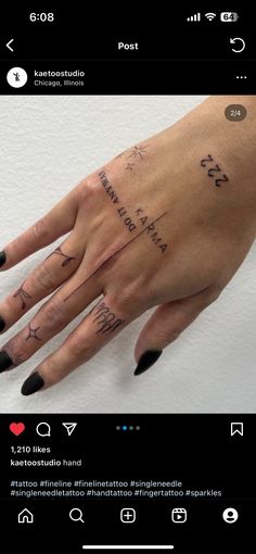 a hand with some writing on it and black nail polishes in the middle, next to an image of someone's left hand