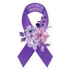 a purple ribbon with flowers on it and the words mystic fibrosis awareness written below