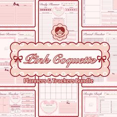 the printable planner and tracker bundle is shown in pink with red trimmings