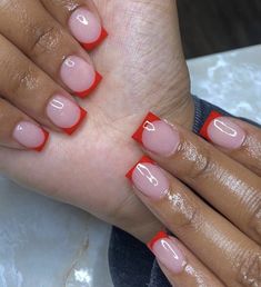 Short Red Nails French Tip, Short Nails Red And White, Short French Tip Nails Color, French Tips Nails Color, Christmas Nails Acrylic Short Simple, Red White French Tip Nails, Red Acrylic Nails French Tip, Short Nails Red French, Red Short French Tip Nails