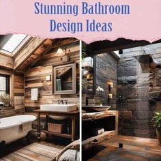 the bathroom is decorated in rustic wood