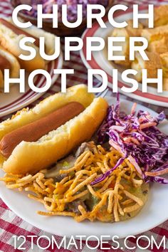 hot dogs and coleslaw are served on plates with the words, church supper hot dish