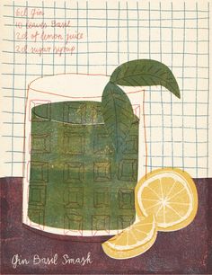 a drawing of a green drink with orange slices