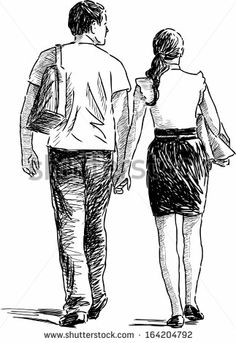 a man and a woman walking down the street hand drawn in ink on white paper