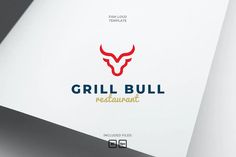 the grill bull restaurant logo is displayed on a white paper with blue and red lettering