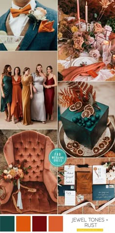 the color scheme is orange, teal, and gold for this wedding day theme