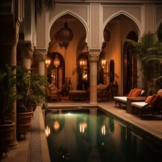 Captivating Moroccan riad featuring vibrant tiles, arches, and lanterns, embodying a rich cultural tale of elegance and charm. A hidden gem waiting to be explored. Moroccan Riad Bedroom, Morocco Interior Design, Morocco Riad, Castle House Design