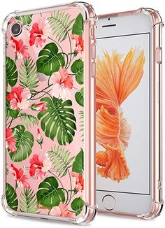 an iphone case with tropical leaves and flowers on it, both in clear plastic cases