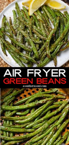 air fryer green beans on a white plate with lemon wedges in the background