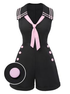 [Pre-Sale] Black & Pink 1950s Solid Tie Lapel Romper Pink And Black Dress Outfit, Retro Stage Design, Emo Wardrobe, Vintage 50s Fashion, Black And Pink Outfit, Retro Futurism Fashion, Mod Clothing, Retro Stage, Simple Clothes