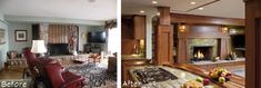 before and after pictures of a living room with wood paneling on the walls, in front of a fireplace