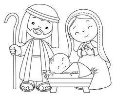 the nativity scene is outlined in black and white, with an adult holding a baby jesus