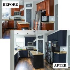 before and after pictures of a kitchen remodel with dark wood cabinets, stainless steel appliances and granite counter tops