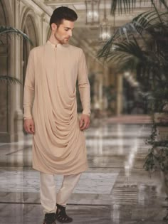 Mens Beige Drape Kurta Suit, draped kurta suit style for men, mens kurta suit designs, mens indian fashion, mens indo western styles, mens kurta pyjama, Sherwani Design, Wedding Kurta, Indian Groom Wear