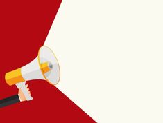 a hand holding a yellow and white megaphone on top of a red and white background