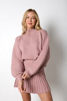 #color_pink Midi Skirt Sweater Set, Knitted Pink Sweater, White Sweater Set, Feminine Sweaters, Style Pink Sweater, Ganni Knit, Styles For Winter, Sweater Sets Womens, Skirt Set Outfit