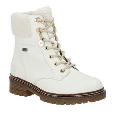 Remonte winter boots are an affordable, everyday luxury. Waterproof, with a warm fleece lining and shearling cuff, your feet will be happy on the coldest days. Tread in style in these cream colored, leather lace-up boots! Featuring smooth blended leather uppers, this women's boot comes with a side zipper entry and fiber grip soles for traction. Pair them with your best snow pants for a chic winter lodge vibe. Winter Wedding Boots, White Leather Boots, Wedding Boots, Winter Shoes For Women, Soft Shoes, Leather Lace Up Boots, Winter Boots Women, Winter Shoes, White Shoes