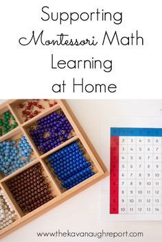 a wooden box filled with beads next to a printable montessoi math game