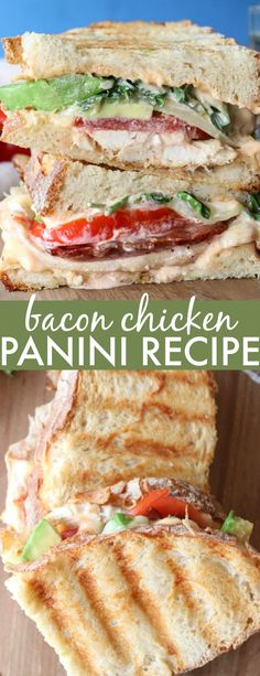 the bacon chicken panini is cut in half and stacked on top of each other