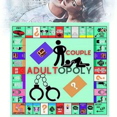 a couple is kissing in front of a monopoly board game with the words couples adult topoly on it