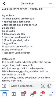 an iphone screen showing the recipe for butterscotch cream pie