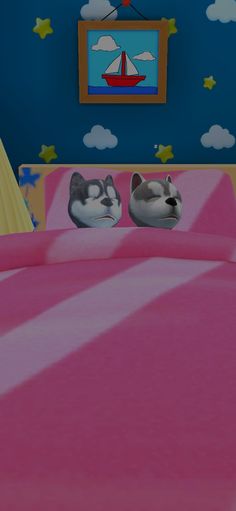 two cats sitting on top of a pink bed in a room with stars and clouds