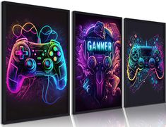 three video game controllers with neon lights on them