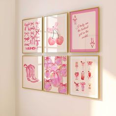 four framed pictures on the wall with pink and white designs