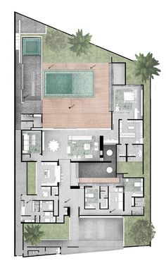 the floor plan of a house with swimming pool and outdoor living area in the background