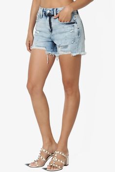 Effortless style is imbued into these denim shorts through considered distressed detailing. The high-waisted pair features large rips at the front and is finished with a raw hem that completes its irreverent design. Women's Stretchy Denim Shorts goes well with summer casual blouse, t-shirts for home, summer holidays, casual, daily life, shopping, going out, party, street look.Washed light blue denim shortsBelt loops, Five pockets, Ripped and distressed detailsUnfinished hem, Faded finish, Design Medium Wash Distressed Jean Shorts, Summer Distressed Denim Jean Shorts, Distressed Denim Jean Shorts For Summer, Summer Ripped Medium Wash Jean Shorts, High Rise Distressed Jean Shorts For Summer, Distressed High Rise Jean Shorts For Summer, Distressed High-rise Jean Shorts For Summer, Casual Distressed Cutoff Jean Shorts, Trendy Distressed Shorts