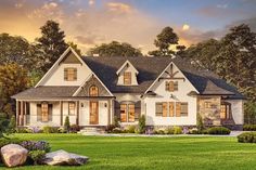 this is an artist's rendering of a house in the country style with stone and wood accents