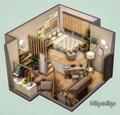 an overhead view of a bedroom and living room