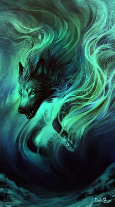 a painting of a wolf in the water