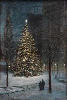 a painting of a christmas tree in the middle of a snowy park with people walking around it