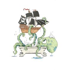 an octopus in a bathtub with a pirate ship on the back and two other tentacles