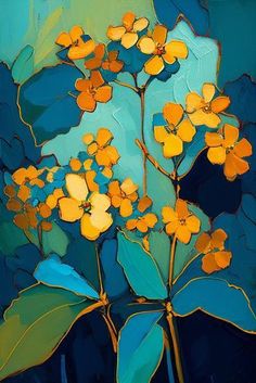 a painting of yellow flowers on a blue background