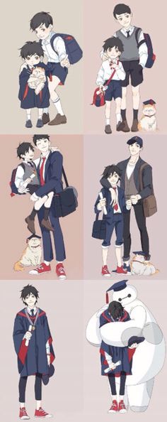 four different images of people in school uniforms and holding their children, one boy is hugging the