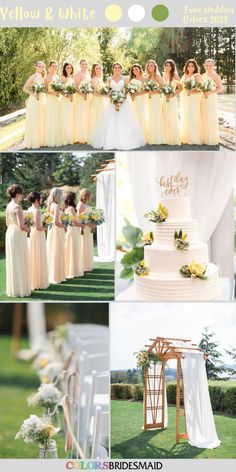 the wedding party is posing for pictures in front of their white and yellow wedding cake