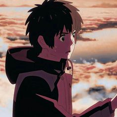 an anime character is looking at something in the distance with clouds and sky behind him