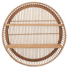 a round bamboo shelf with two shelves on each side and one shelf in the middle