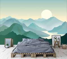 a bedroom scene with a bed and mountains in the backgroung wallpaper