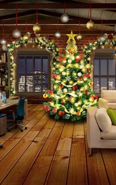 a living room with a christmas tree in the center and lights on the wall behind it