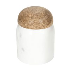 a white ceramic jar with wooden lid on a white background, showing the top part of the jar