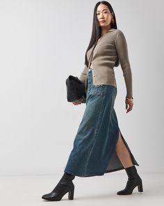 New in, our super chic utility denim skirt. In a flattering midaxi length and a line shape, featuring two front utility pockets, belt loops and button and zip fastening. Pair with some boots for an effortlessly stylish outfit. Thermal Pajamas, Playset Outdoor, Leisure Suit, Utility Pockets, Stylish Outfit, Jd Williams, Linen Shop, Womens Blazers, Cardigan Top