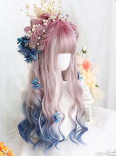 Pink Gradient Blue Long Natural Gentle Curly Wig Classic Lolita Wigs Kawaii Wigs, Classic Lolita, Cosplay Hair, Kawaii Hairstyles, Fantasy Hair, Pink Gradient, Healthier Hair, Hair Stylies, Curly Wig