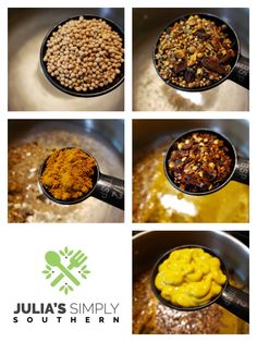 four pictures show different stages of cooking beans and other foods in a pan with the words julia's simply southern on it