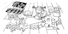 a black and white drawing of a girl playing with toys on the floor in her room